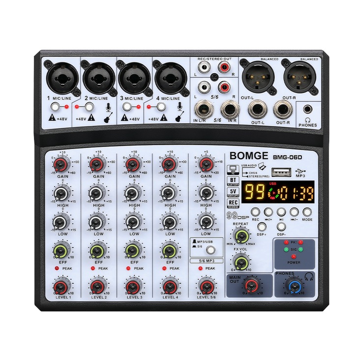 Mixer audio Profesional BOMGE 06D, 6 canale, efecte DSP 99, Bluetooth, portabil, 48V phantom, XLR out, Inerface audio, Placa de sunet, Potrivit pentru petreceri profesionale de inregistrare, KTV si scena, Negru