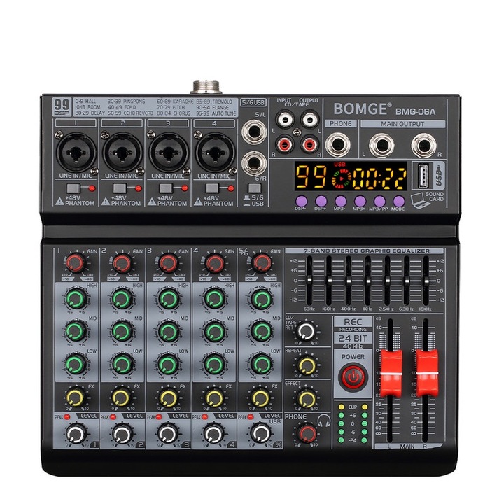Аудио миксер BOMGE BMG-06A, 6 канала, 99 DSP ефекта, EQ 7 ленти, Bluetooth, 33x25x9cm