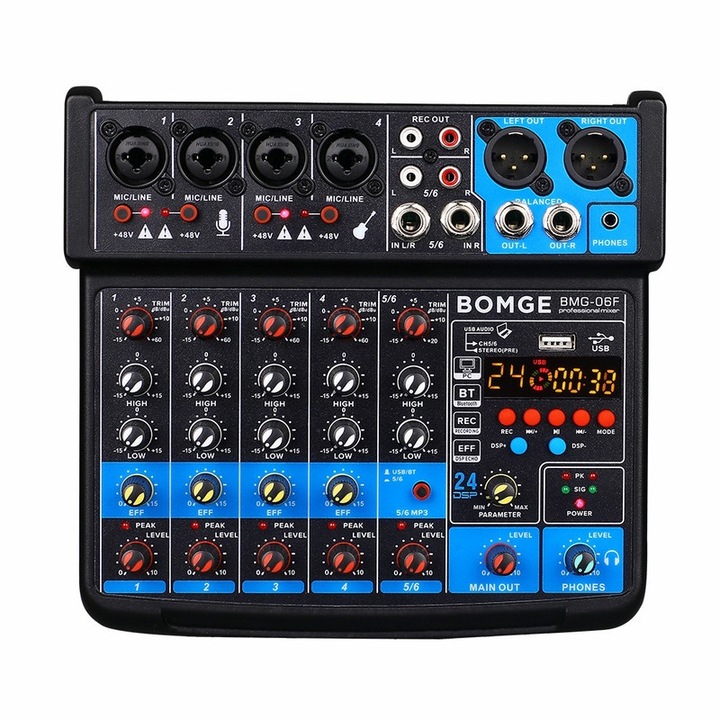 Аудио миксер BOMGE 06F, 6 канала, Bluetooth, DSP ефекти, 5V захранване, 29x6.5x25cm