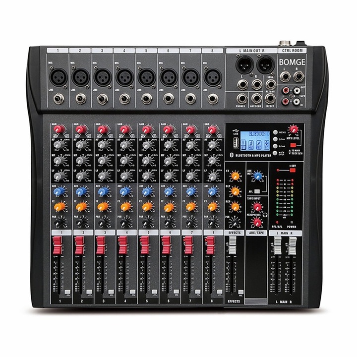 Аудио миксер BOMGE CT-80S, 8 канала, Bluetooth, USB, 48V захранване, 45x43x10cm