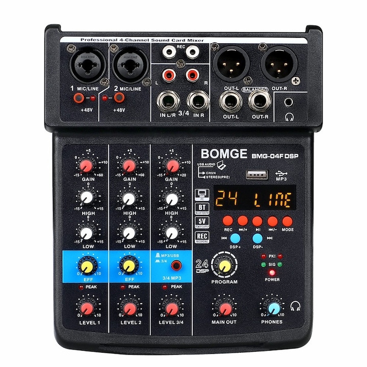 Аудио миксер BOMGE 04F, 4 канала, Bluetooth, DSP ефекти, стерео запис, черен, 24.5x24x6.5cm