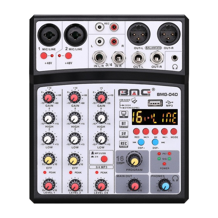 Аудио миксер BOMGE BMG-04D, 4 канала, DSP ефекти, фантомно захранване 48V, Bluetooth, черен, 23x20x7cm