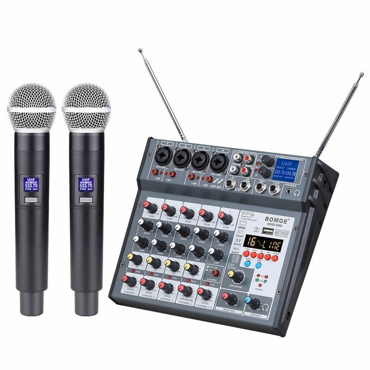 Аудио миксер BOMGE BMG-06E, 6 канала, 2 безжични UHF микрофона, Bluetooth, USB, 48V фантом, черен, 40x29x8cm