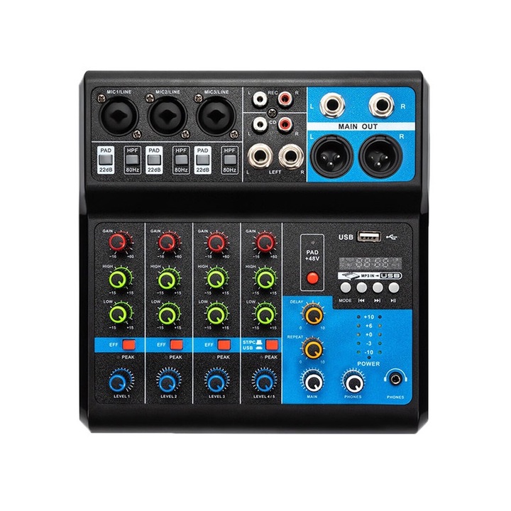 Аудио миксер BOMGE, 5 канала, Bluetooth, USB, реверберационен ефект, син/черен, 25x25x10см