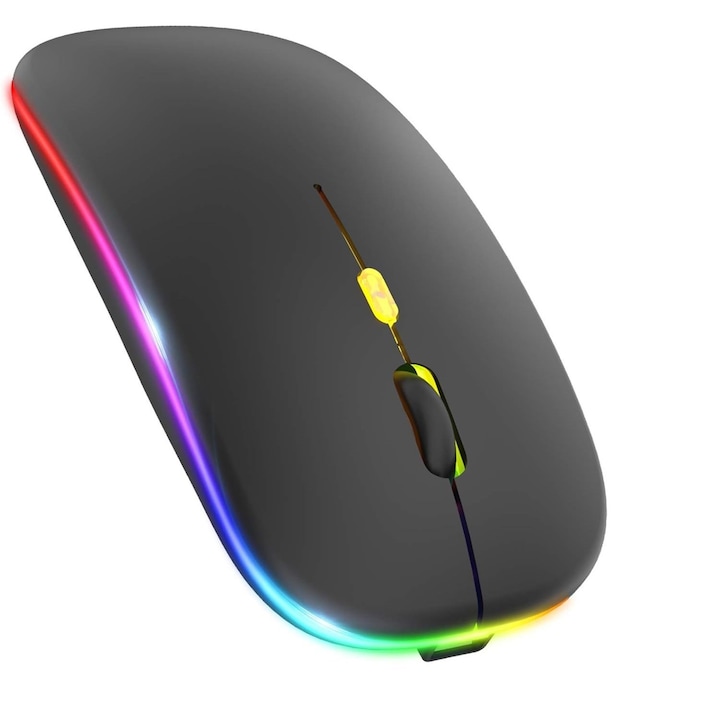 Mouse wireless, AYSTOAYS, Bluetooth 5.0 si 2.4G dual-mode, silent click, LED RGB, 1600 dpi, Reincarcabil, Negru mat