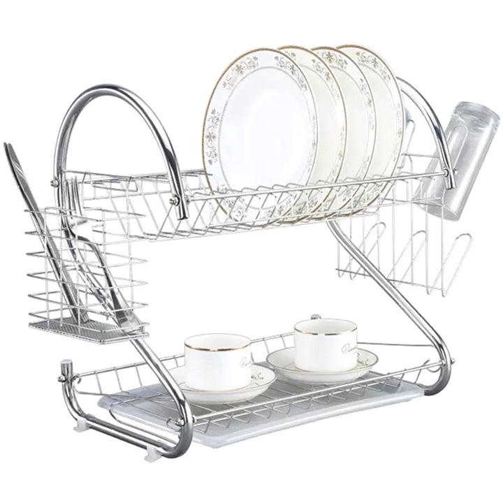 Uscator de vase din otel cu doua niveluri, cu tava din plastic 37cm x 38cm x25cm