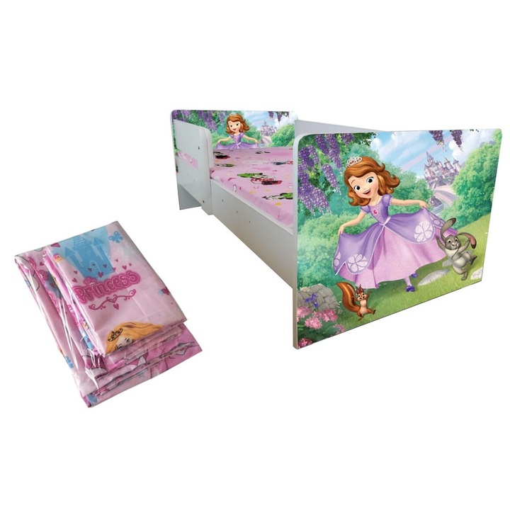 Pat copii Printesa Sofia, 144x76 cm, saltea inclusa, lenjerie inclusa