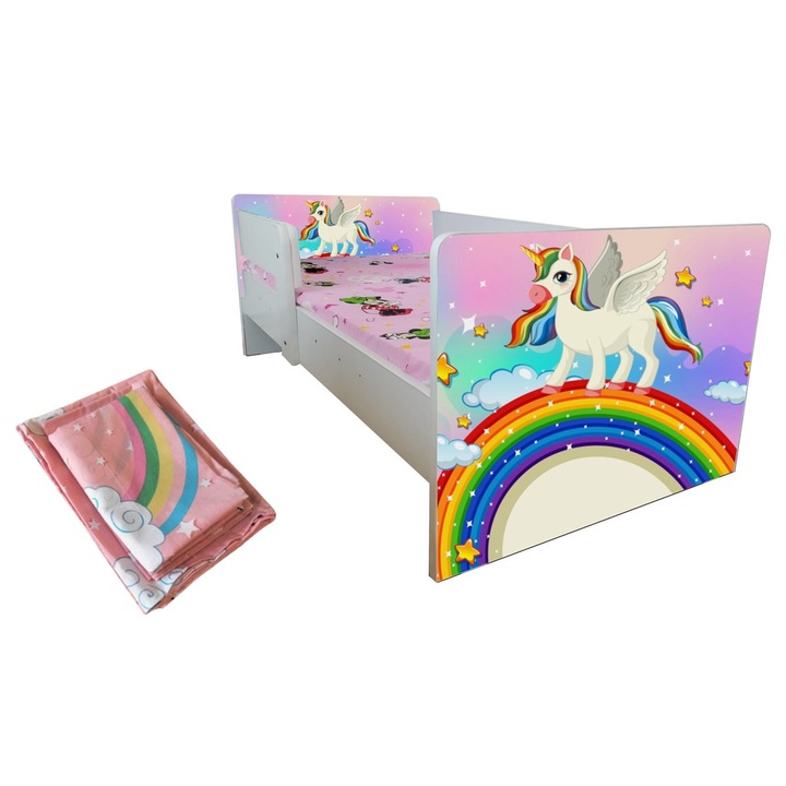 Pat copii Unicorn, 144x76 cm, saltea inclusa, lenjerie inclusa