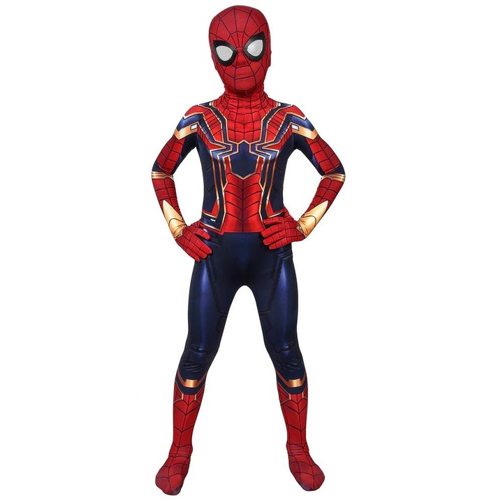 Костюм на Спайдърмен за деца, комплект маски, супергерой, EvrikaUnity®, Premium Lycra 3D®, 5-6 години, 130 см, червен/златен