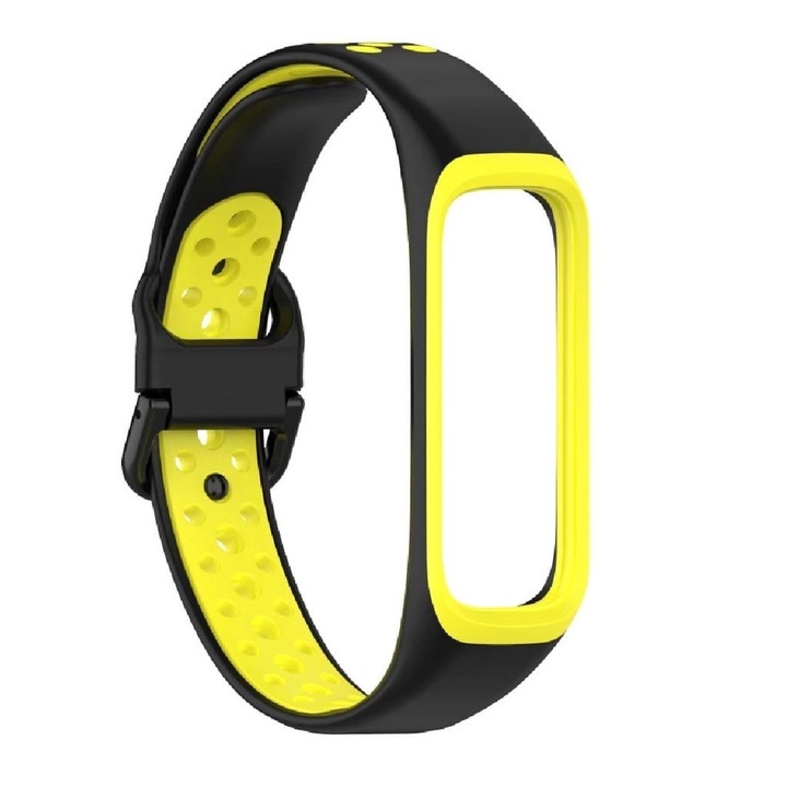 Curea MULLER din silicon pentru smartwatch, compatibila cu Samsung Galaxy Fit 2 SM-R220, model Nike, lungime 23.5 cm, Negru cu Galben