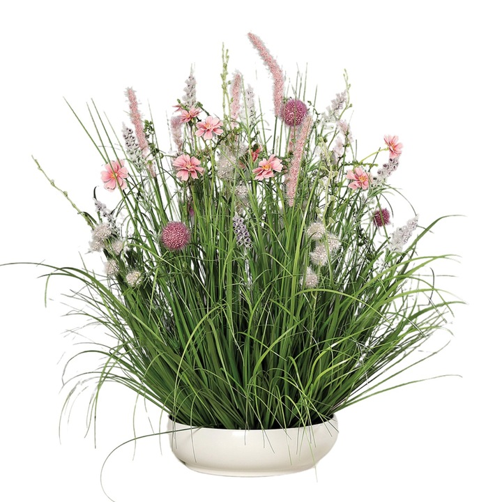 Aranjament flori de camp roz artificiale in vas de plastic, inaltime 58 cm