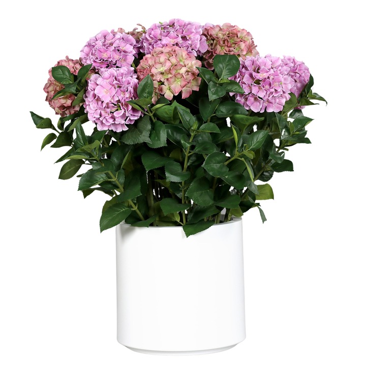 Hortensii artificiale roz in tufa de 13 fire in vas de plastic, inaltime 86 cm