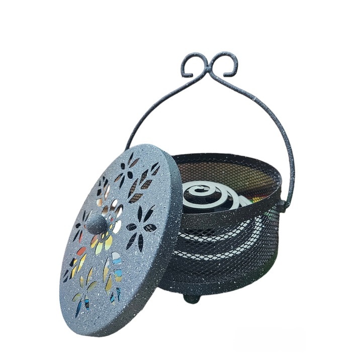 Suport metalic spirale impotriva tantarilor si insectelor metalic Negru, model floral si spirale fumigene 10 bucati