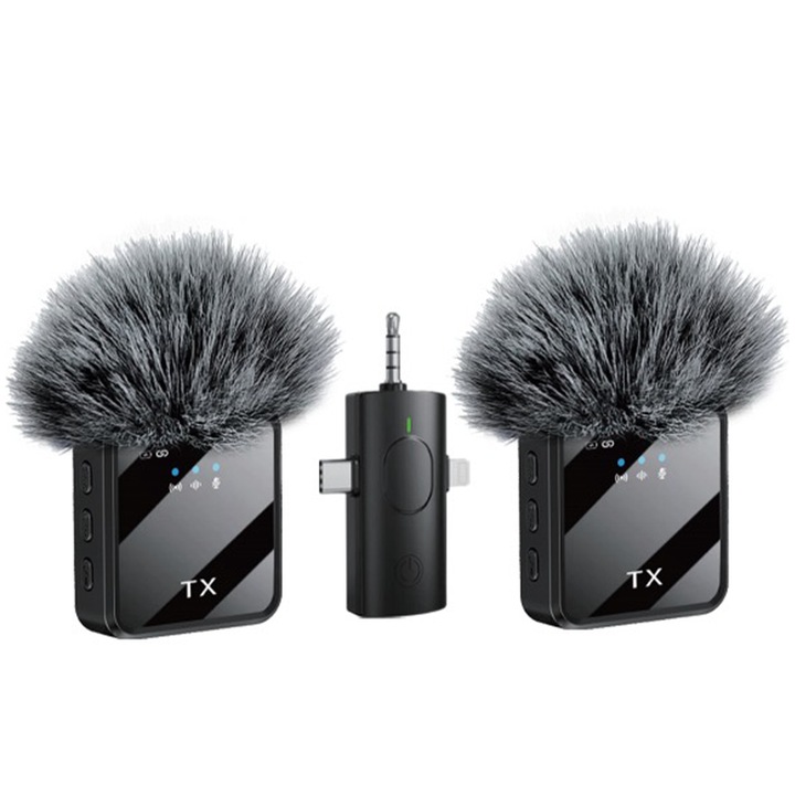 BOMGE vezeték nélküli lavalier mikrofon, 3 az 1-ben nyakcsipesz rendszer, zajszűrés, Mute and Reverb mód, 2,4G átvitel, 18 órás autonómia, iPhone iPad Androidhoz