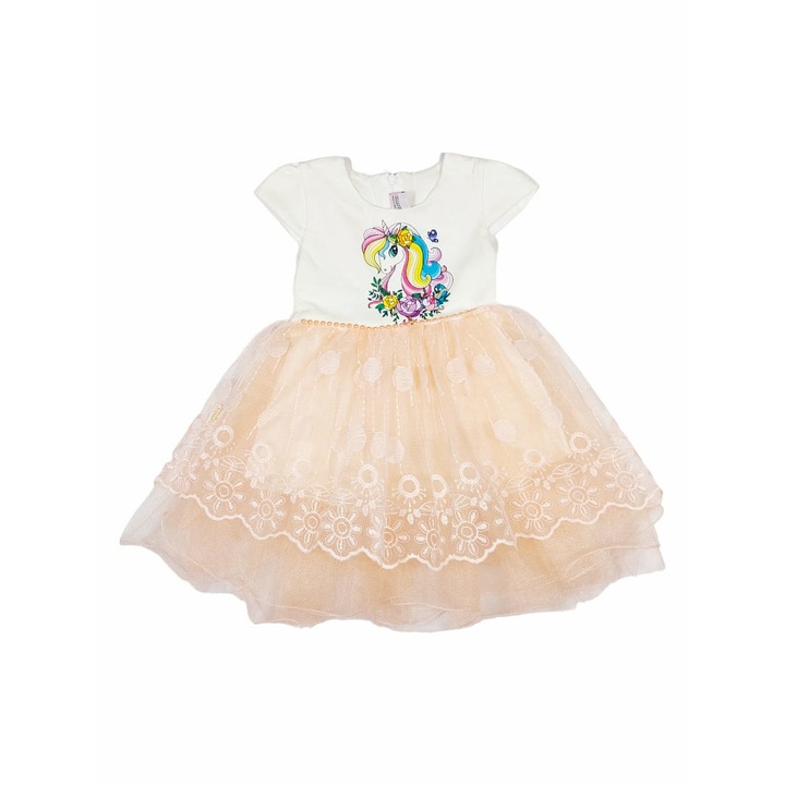 Rochita cu voal UNICORN pentru copii/fetite, ERAKIDS, terminatii cu voal, imprimeu unicorn, material usor, 100% Bumbac premium, Alb, Roz somon