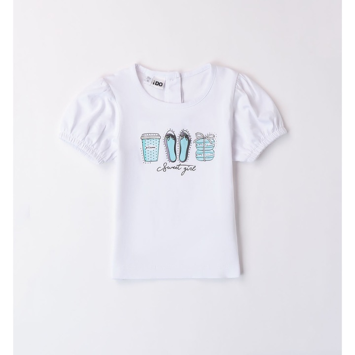 Mintás és puffos ujjú póló lányoknak, I Do, 4.8745, fehér, Fehér/Aqua