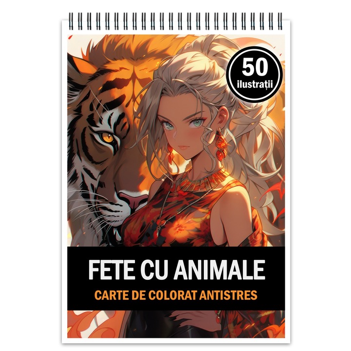 Carte de colorat pentru relaxare si antistres, 50 de ilustratii, Anime Girls with Animals, Editura Legendary Print, 106 pagini