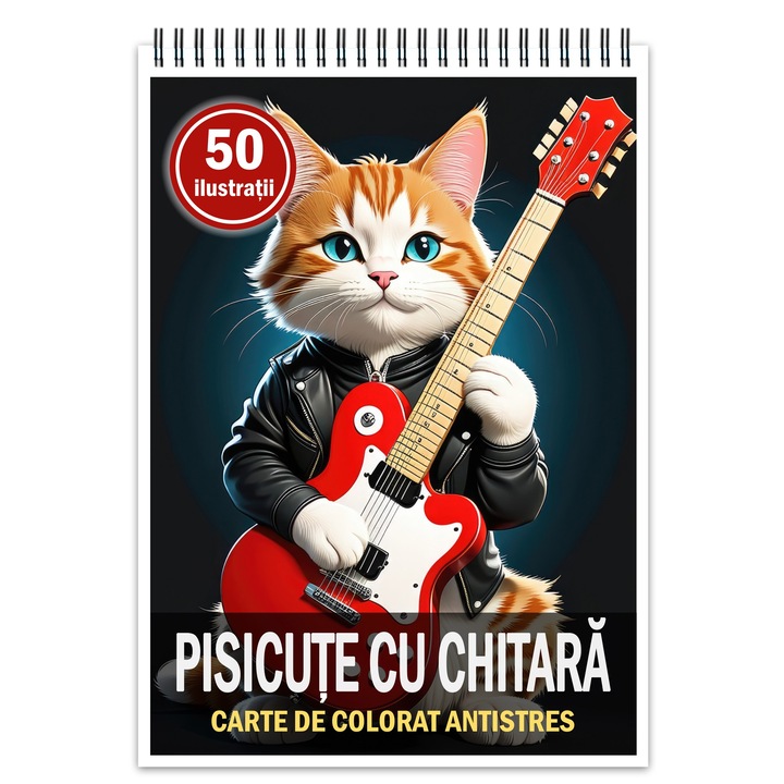 Carte de colorat pentru relaxare si antistres, 50 de ilustratii, Pisicute cu Chitara, Editura Legendary Print, 106 pagini