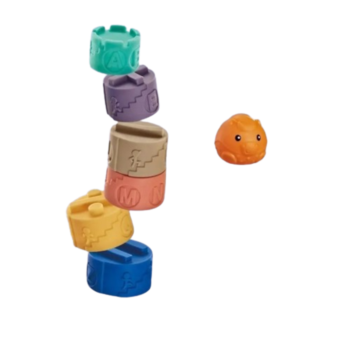 Jucarie educativa senzoriala pentru bebelusi, cuburi de stivuire din silicon, 7 piese, Porcusor, 3 luni+, Edujucarii