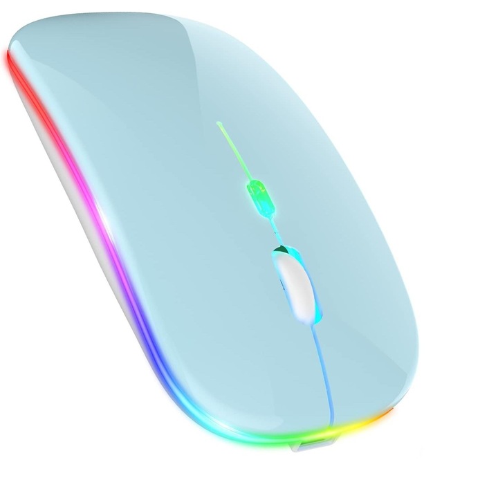 Mouse wireless, AYSTOAYS, Bluetooth 5.0 si 2.4G dual-mode, silent click, LED RGB, 1600 dpi, Reincarcabil, Albastru deschis