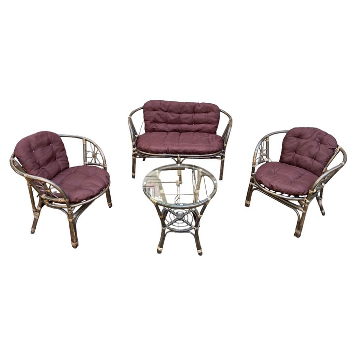 Комплект градински мебели Bali с кафяви възглавници, 4 части, Здрава и лека рамка, Кафяв, Ратан