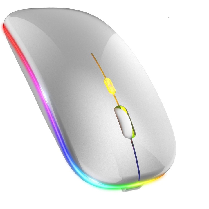 Mouse wireless, AYSTOAYS, Bluetooth 5.0 si 2.4G dual-mode, silent click, LED RGB, 1600 dpi, Reincarcabil, Argintiu