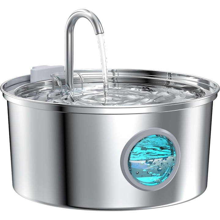 Автоматичен диспенсър за вода тип фонтан за котки и кучета, с голям прозорец за нивото на водата, пречистване и филтриране през активен въглен, неръждаема стомана 304, ултра тих, USB, щепсел адаптер, кръгъл модел, капацитет 3.2L, сребрист