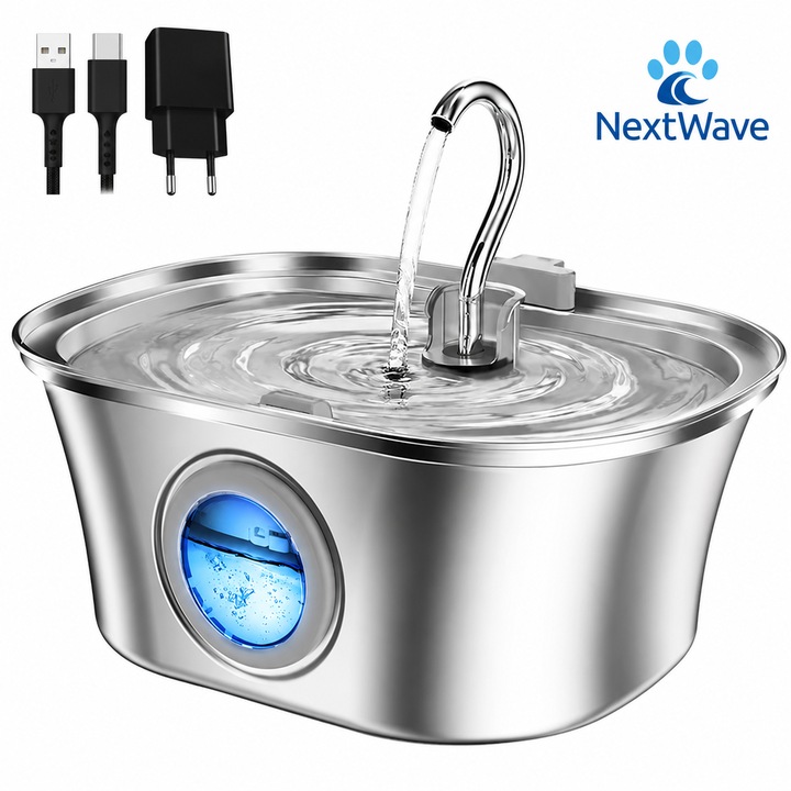 Dispenser apa automat tip fantana pentru pisici si caini, cu fereastra mare pentru nivelul apei, purificare si filtrare prin carbune activ, otel inoxidabil 304, ultra-silentiosa, USB, adaptor priza, capacitate 3.2L, Argintiu - NOU