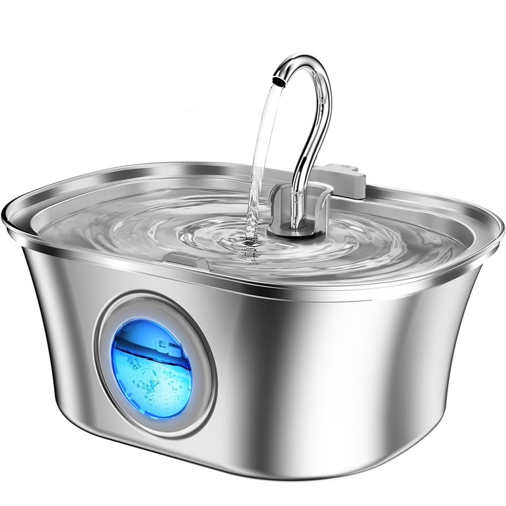 Dispenser apa automat tip fantana pentru pisici si caini, cu fereastra mare pentru nivelul apei, purificare si filtrare prin carbune activ, otel inoxidabil 304, ultra-silentiosa, USB, adaptor priza, capacitate 3.2L, Argintiu - NOU