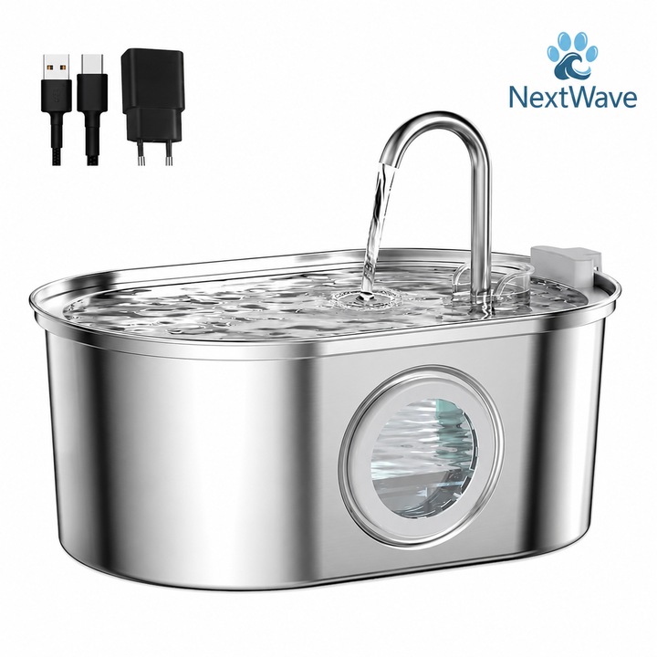 Dispenser apa automat tip fantana pentru pisici si caini, cu fereastra mare pentru nivelul apei, purificare si filtrare prin carbune activ, otel inoxidabil 304, ultra-silentiosa, USB, adaptor priza, capacitate 3.2L, Argintiu - NOU