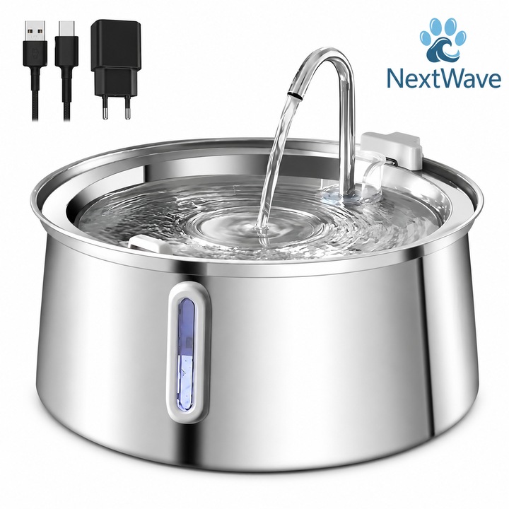 Dispenser apa automat tip fantana pentru pisici si caini, cu fereastra mare pentru nivelul apei, purificare si filtrare prin carbune activ, ultra-silentiosa, USB, adaptor priza, otel inoxidabil 304, Argintiu - NOU