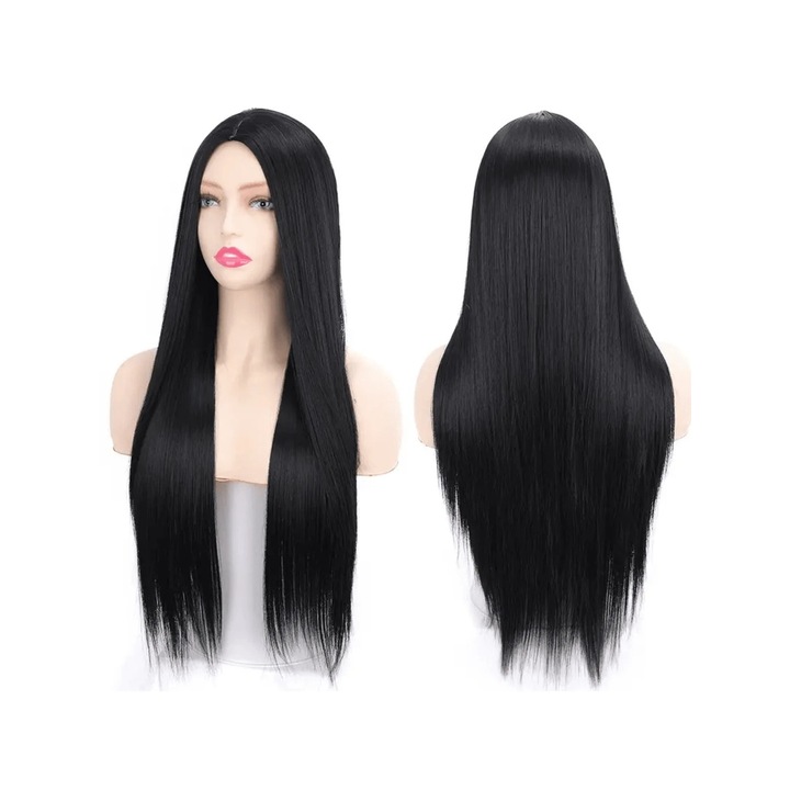 Peruca lunga, AYSTOAYS, fibra sintetica, 70cm, ajustabila, Negru