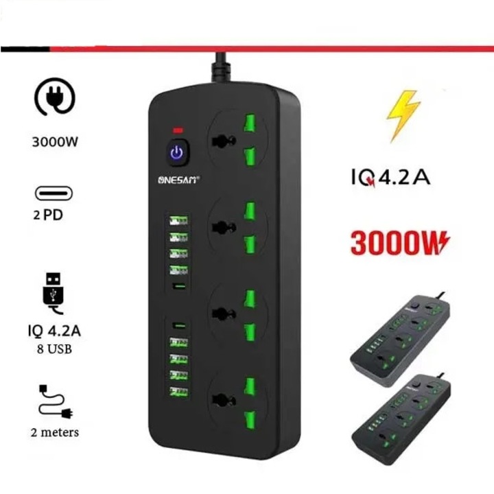Разклонител 220V, Digital One SP00948, зарядно, 4 гнезда, 8 USB, 2хType C, ansty exk-03, с ключ, Fast Charge, 1.5m кабел, 3000W/4.2A, защита от токови удари
