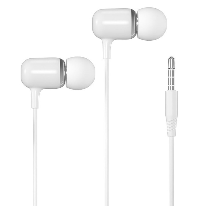 Casti audio in-ear, Jack 3.5 mm, Microfon pe fir, Buton control muzica / apeluri, Stereo, Alb