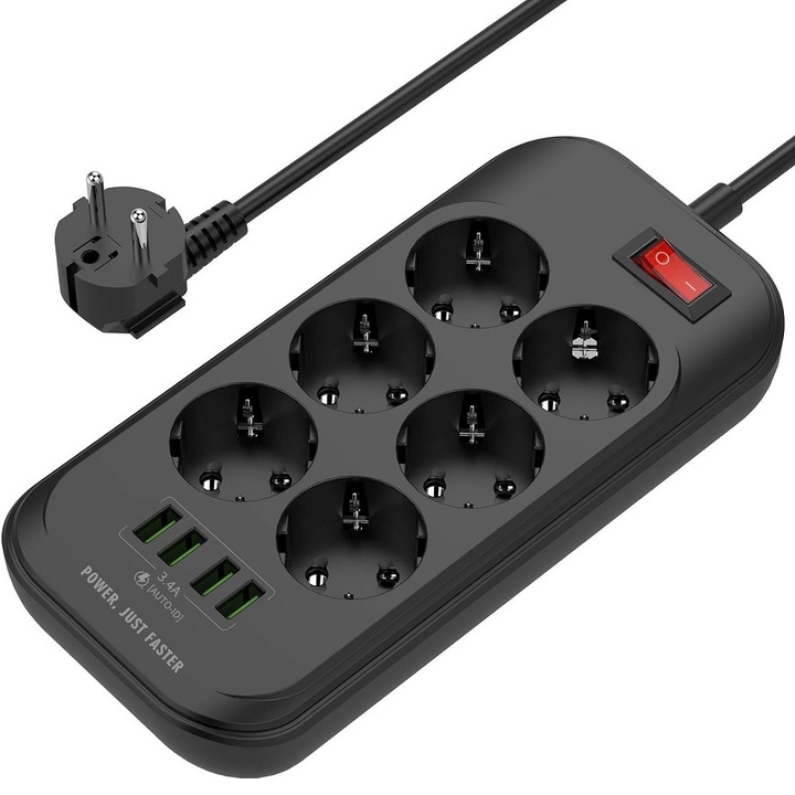 Удължител със защита от пренапрежение, 6 EU гнезда/4 USB порта, защита за деца, 2 м кабел, черен