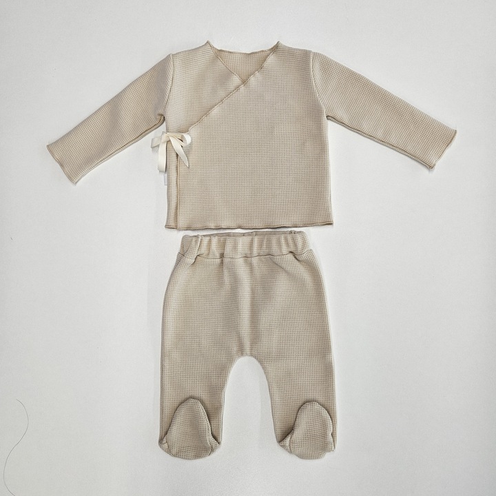 Set haine bebelusi, nou nascut, bluza si pantaloni cu piciorus, bej, 62