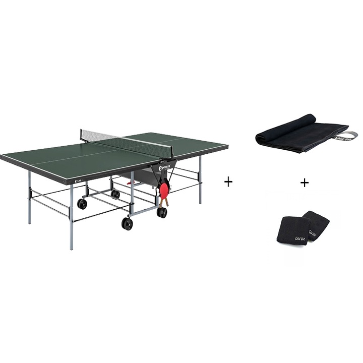 Masa tenis Sponeta S3-46i, interior, pliabila, verde cu fileu, 2 palete Sponeta Flash, mansete si prosop cu uscare rapida, 19 mm, Solid Volt, suporti laterali de prindere palete si mingi
