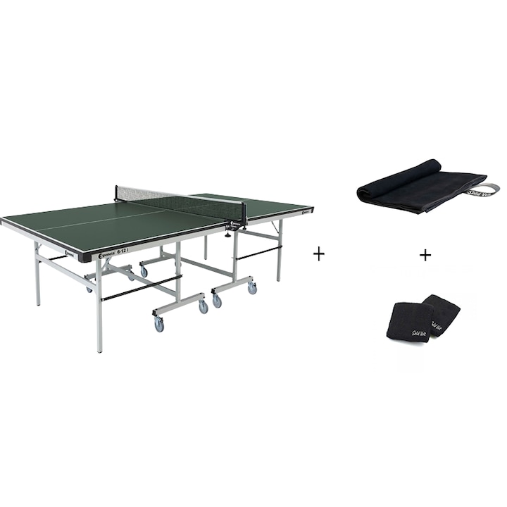 Masa tenis Sponeta S6-12i, interior, pliabila, verde cu fileu, 2 palete Sponeta Flash, mansete si prosop cu uscare rapida, 22 mm, Solid Volt, suporti laterali de prindere palete si mingi