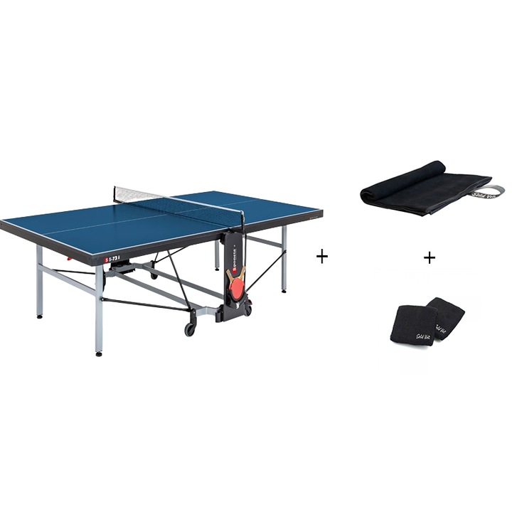 Masa tenis Sponeta S5-73i, interior, pliabila, albastru cu fileu, 2 palete Sponeta Flash, mansete si prosop cu uscare rapida, 22 mm, Solid Volt, suporti laterali de prindere palete si mingi