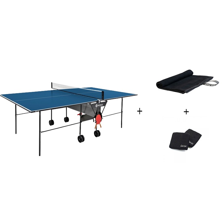 Masa tenis Sponeta S1-13i, interior, pliabila, albastru cu fileu, 2 palete Sponeta Flash, mansete si prosop cu uscare rapida, 19 mm, Solid Volt, suporti laterali de prindere palete si mingi