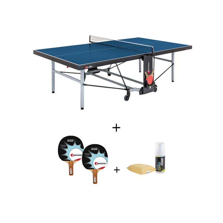 Masa tenis Sponeta S5-73i, interior, pliabila, albastru cu fileu, 2 palete Sponeta Flash, solutie de curatare si burete, 22 mm, Solid Volt, suporti laterali de prindere palete si mingi