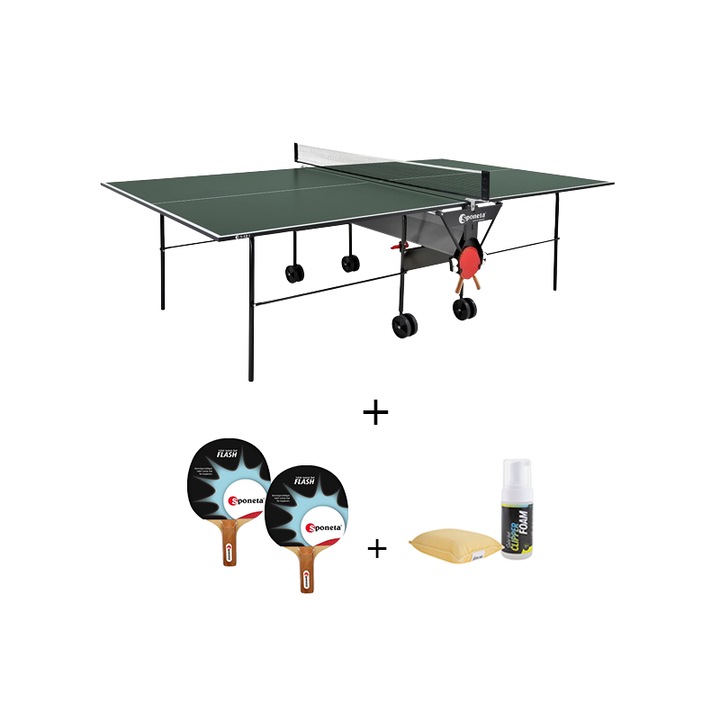 Masa tenis Sponeta S1-12i, interior, pliabila, verde cu fileu, 2 palete Sponeta Flash, solutie de curatare si burete, 19 mm, Solid Volt, suporti laterali de prindere palete si mingi