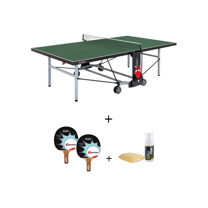 Masa tenis Sponeta S5-72e, exterior, pliabila, verde cu fileu, 2 palete Sponeta Flash, solutie de curatare si burete, 6 mm, Solid Volt, suporti laterali de prindere palete si mingi