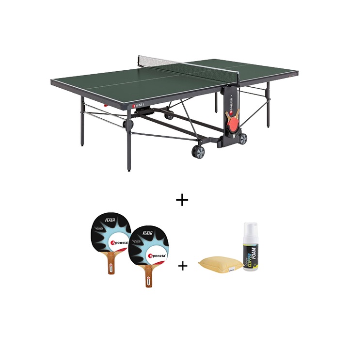 Masa tenis Sponeta S4-72i, interior, pliabila, verde cu fileu, 2 palete Sponeta Flash, solutie de curatare si burete, 19 mm, Solid Volt, suporti laterali de prindere palete si mingi