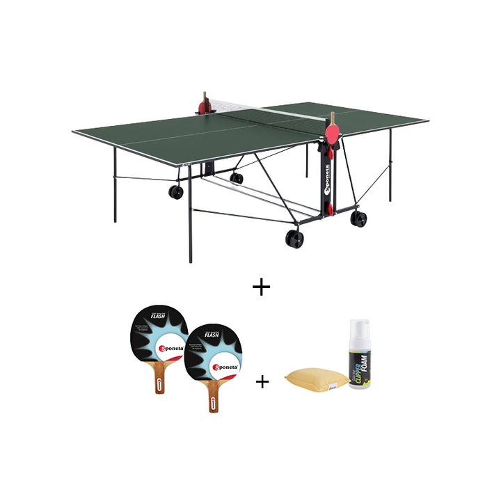 Masa tenis Sponeta S1-42i, interior, pliabila, verde cu fileu, 2 palete Sponeta Flash, solutie de curatare si burete, 19 mm, Solid Volt, suporti laterali de prindere palete si mingi