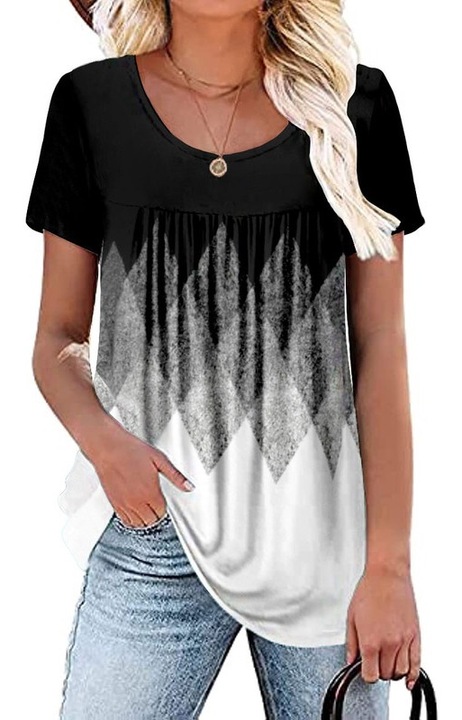 Tricou tunica pentru femei, talie elastica, model imprimat, carouri, Alb/Negru, Negru
