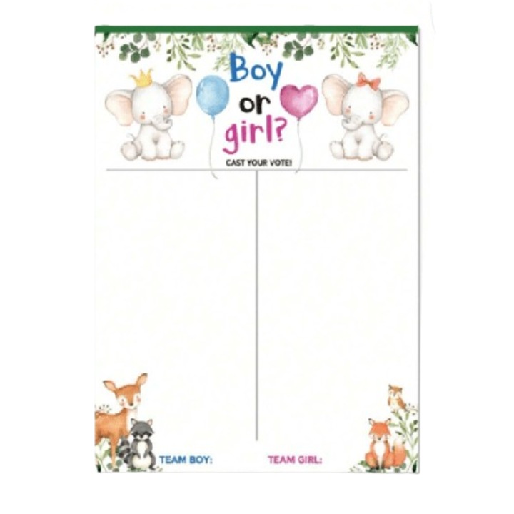 Set Accesorii Joc Petrecere Gender Reveal, Tablita de Votare Alba 58 x 42 cm + 36 Cartonase Colorate Roz si Albastru