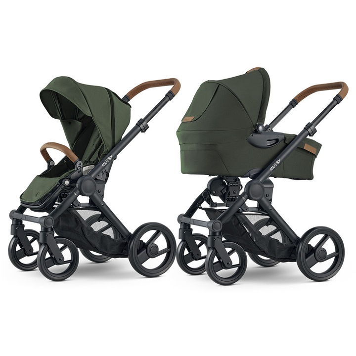 Детска количка 2 в 1 със седалка и кош за новородено Mutsy EVO, DIscovery Moss, Светлокафява дръжка, Черни колела