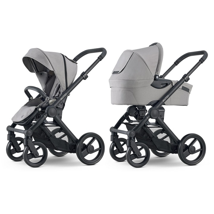 Детска количка 2 в 1 със седалка и кош за новородено Mutsy EVO, Pebble Grey, Сива дръжка, Черни колела