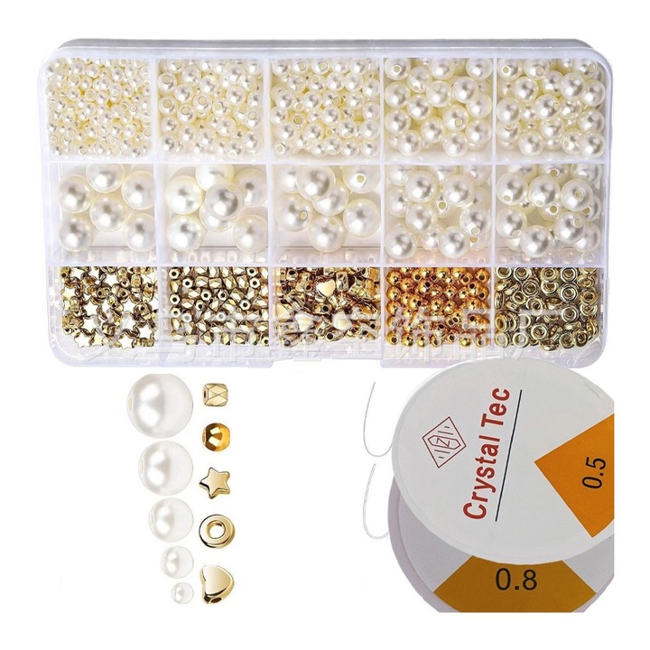 Set de Artizanat Rqiurpn, Kit Creare Bratari, 720 Margele Perlate si Aurii, 14+,2 role de sfoara elastica/lungime 5M/diametru 0.8MM/0.5MM, Auriu/Alb